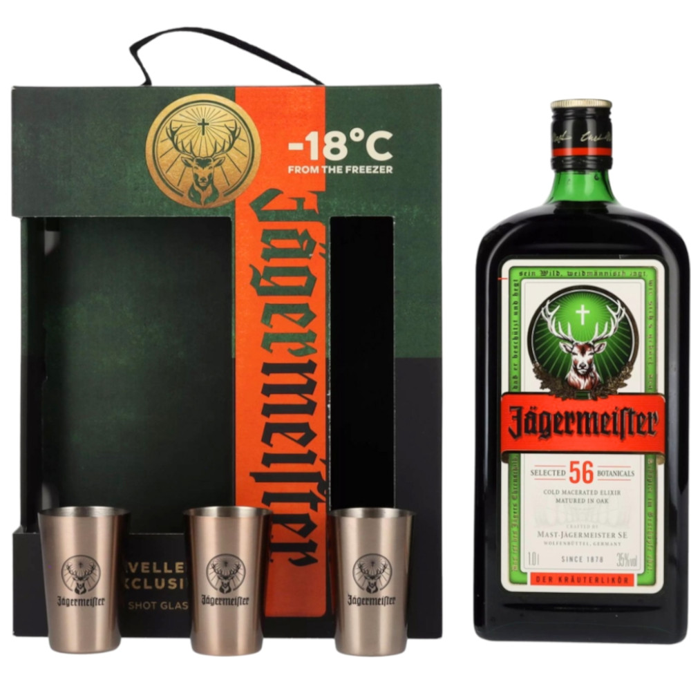 Likier Jagermeister Travellers' Exclusive + 3 metalowe kieliszki 35% 1000 ml