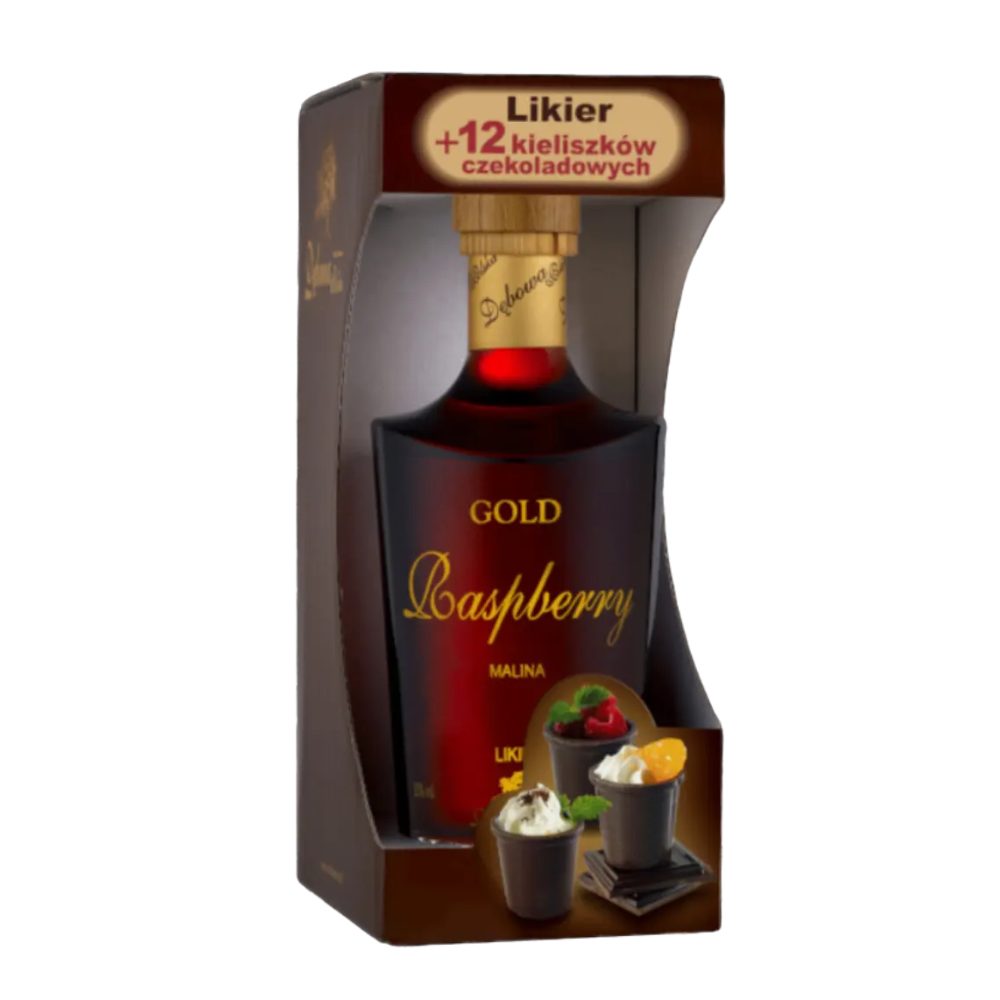 Likier Dębowa Polska Gold Raspberry 20% 700 ml + 12 czekoladowych kieliszków