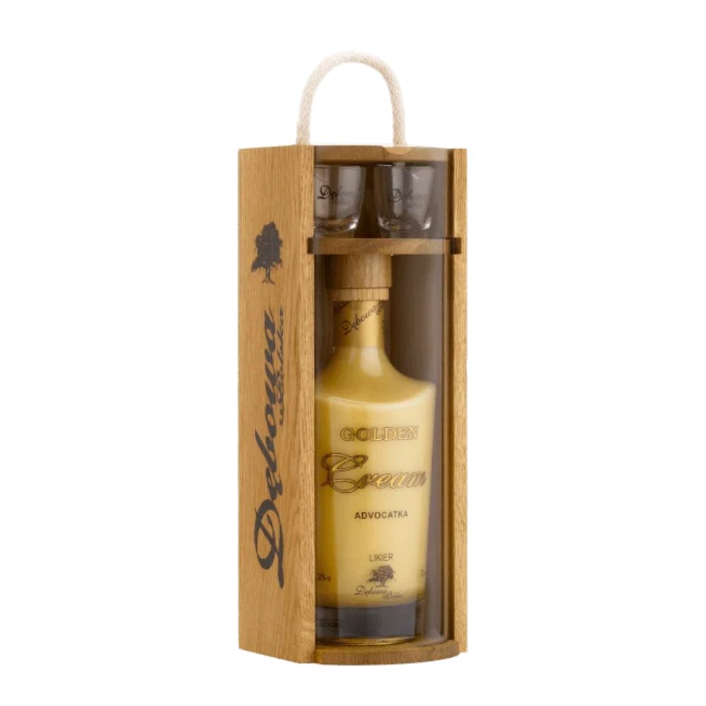 Likier Dębowa Polska Golden Cream Advocat Skrzynka + 2 kieliszki 20% 700 ml